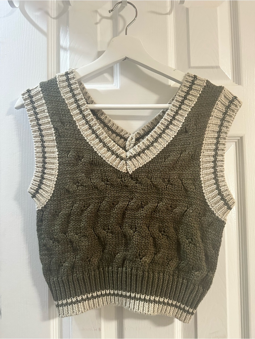 Crescent Olive Cable Knit V-Neck Sweater Vest with Cream Trim